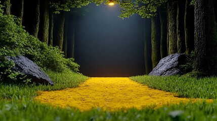 Serene forest pathway illuminated by a streetlamp, surrounded by lush greenery and rocks