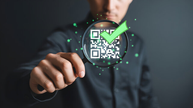 Checking QR code, a magnifying glass scans the code revealing a green check mark, a symbol of security and efficient data access for business.