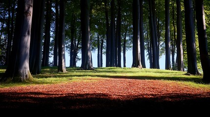Serene forest landscape with tall trees and fallen leaves, capturing nature's tranquility