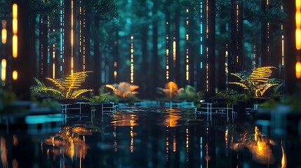Serene forest scene with glowing lights reflecting on water amidst lush greenery and tranquility