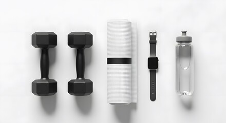 Fitness Essentials Dumbbells, Yoga Mat, Smartwatch, Water Bottle