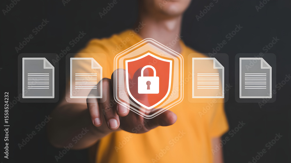 Poster data security is paramount, symbolized by a man touching a digital padlock, securing files and ensur
