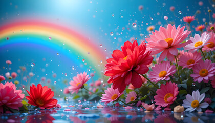 Vibrant Blooming Flowers with Rainbow in Soft Blue Background
