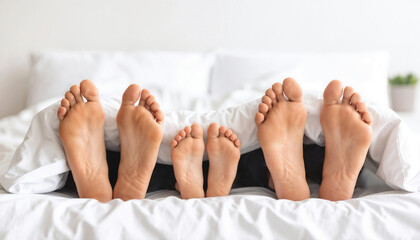 Family feet peeking out from under the covers in a cozy bed