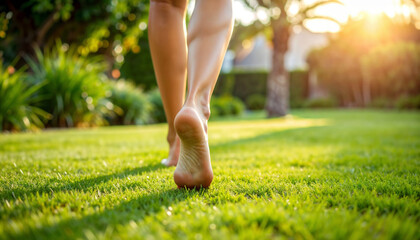 Bare feet walking on green grass during a beautiful sunset
