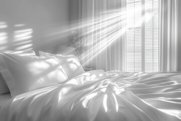 Sunbeams stream into a bright, white bedroom