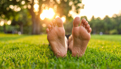 Bare feet relaxing on green grass with sunlight