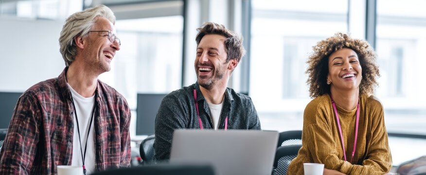 The cheerful team engages in a lively discussion at the office workspace.