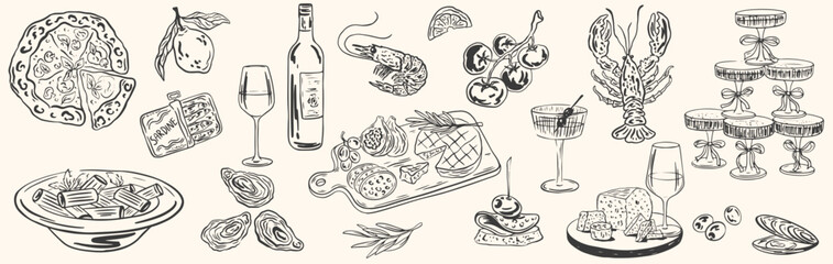 Obraz na płótnie Canvas Hand drawn chalk food illustrations. Mediterranean dinner. Wine, spaghetti, oysters, charcuterie drawings for wedding invitations, menus. Vector illustration La dolce vita italian sketch style.