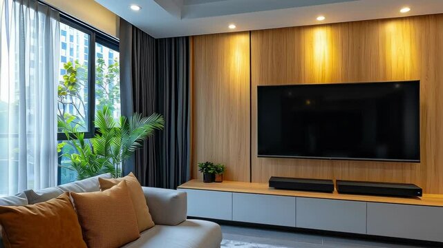 big tv unit in spacious room. Luxury home interior design of modern living room