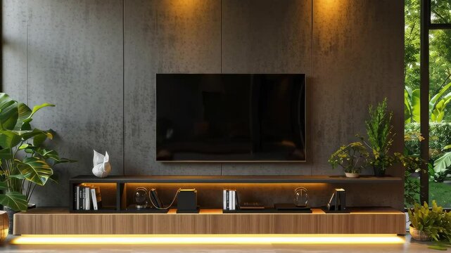 big tv unit in spacious room. Luxury home interior design of modern living room