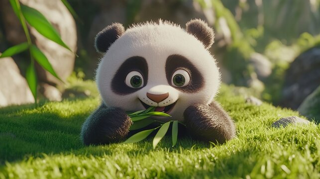 Panda cub snacking on bamboo shoots in a sunny meadow. A furry bundle of joy!