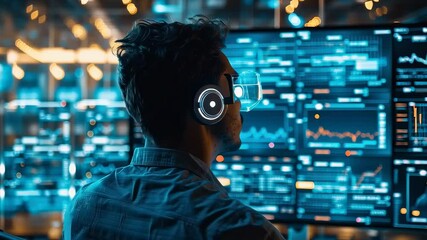 A futuristic IT engineer working in a high-tech server room, surrounded by glowing blue LED lights and holographic data displays, wearing smart glasses, interacting with a floating digital interface - Powered by Adobe
