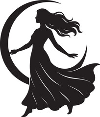 Ethereal Woman & Crescent Moon Silhouette - Mystical Female Figure in Flowing Dress, Dreamy Celestial Design for Spiritual, Fantasy & Night Themes