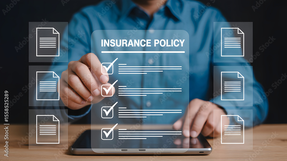 Poster man digitally reviewing insurance policy documents for coverage on a digital tablet screen, showing 