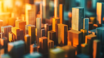 Obraz premium Abstract cityscape at sunset, stylized 3D model of urban skyline with warm light.