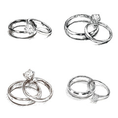 Elegant hand-drawn illustrations of wedding rings with solitaire diamonds and couple bands, perfect for romantic designs, invitations, or jewelry branding.

