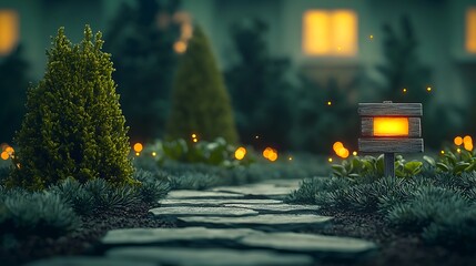 Serene garden pathway illuminated by glowing lanterns, surrounded by lush greenery at dusk