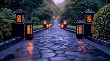 Serene garden pathway illuminated by lanterns at dusk, surrounded by lush greenery and tranquility