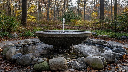 Serene garden fountain surrounded by stones in a colorful autumn forest setting