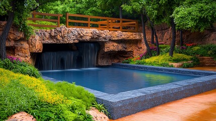 Serene garden landscape featuring a pool and waterfall surrounded by lush greenery