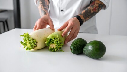 Young Tattooed Chef Styles Artfully Chopping Ugly-Daikon