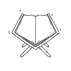 Hand drawn holy Quran on rehal icon. Open Quran doodle. Islamic book stand symbol