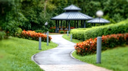 Serene garden pathway leading to a gazebo surrounded by vibrant flowers and lush greenery