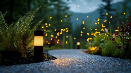 Serene garden pathway illuminated by soft lights, surrounded by lush greenery and mountains