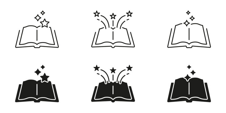 Open Book With Stars Line And Solid Icon Set. Imagination, Knowledge, And Creativity Symbol Collection. Educational And Inspirational Concept. Isolated Vector Illustration