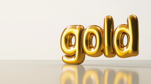 Gold balloon letters spelling Gold on reflective surface against white background