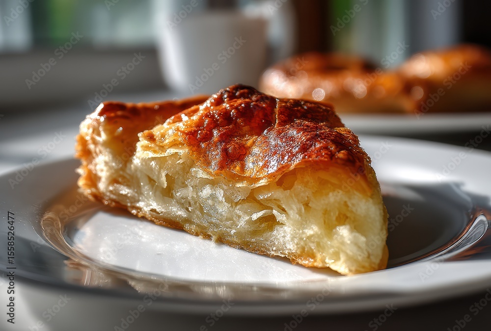 Poster golden and flaky pastry slice on a white plate with soft focus background of bakery setting
