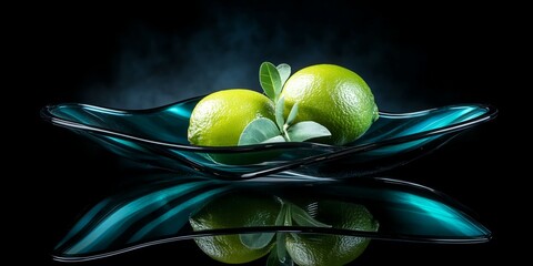 Limes arranged in a deep sea-green glass vase