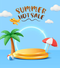 3d summer sale banner template with podium, palm trees, beach umbrella and ball isolated on background. 3d travel discount banner with stage in vector. Vector illustration