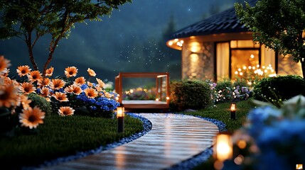 Serene garden pathway leading to a cozy cottage surrounded by vibrant flowers at dusk