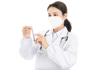 Young Chinese female doctor on white background