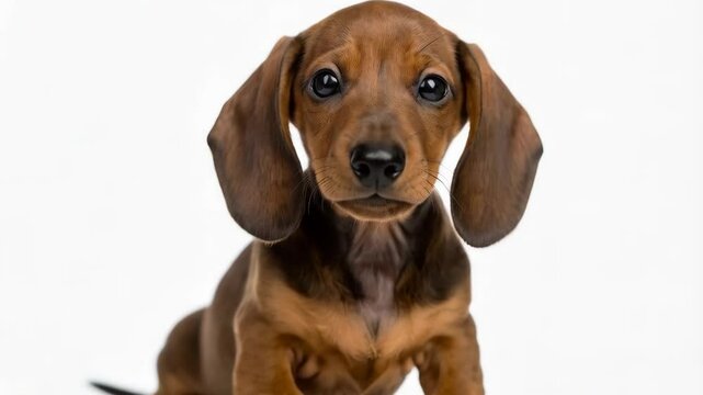 Adorable brown and tan dachshund puppy sitting against a white background looking up with floppy ears and expressive eyes in studio lighting