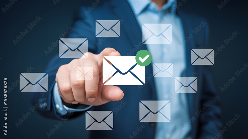 Poster businessman interacting with digital email icons indicates successful inbox management and effective