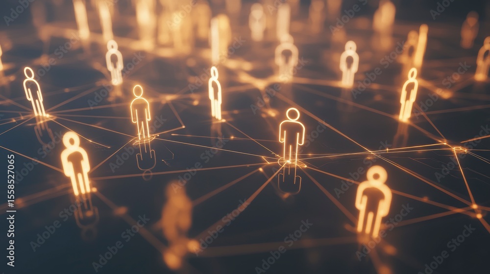 Poster glowing human figures interconnected by lines, representing a network or community.