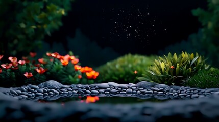 Serene garden pond surrounded by vibrant flowers and lush greenery at twilight