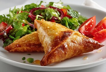 Golden Brown Fried Pastries with Fresh Salad of Mixed Greens, Cherry Tomatoes, and Mint Garnish on a White Plate for Culinary Presentation