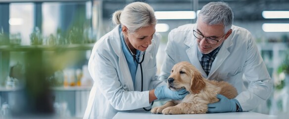 The caring veterinarians examining a playful golden retriever puppy in a clinic.