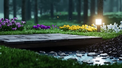 Serene garden scene featuring a stone pathway beside a tranquil stream surrounded by vibrant flowers