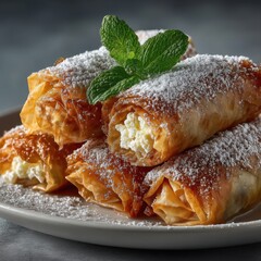 Golden Brown Pastries Filled with Cream Cheese and Wrapped in Crispy Phyllo Dough Garnished with Fresh Mint on a Dessert Plate