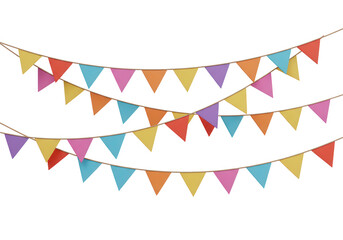 Colorful triangular party flags hanging on strings for a festive celebration isolated on transparent background
