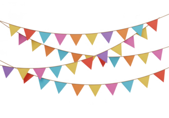 Colorful triangular party flags hanging on strings for a festive celebration isolated on transparent background