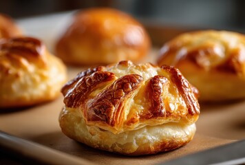 Golden Brown Pastry with Flaky Layers on a Baking Sheet Surrounded by Freshly Baked Bread Rolls in a Cozy Kitchen Atmosphere
