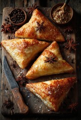 Golden Brown Triangular Pastries on Rustic Wooden Board Surrounded by Star Anise, Coffee Beans, and Wooden Spoon in an Enchanting Culinary Setting