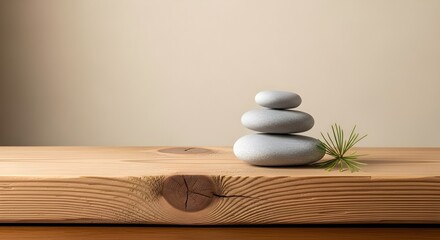 Zen Podium with Stacked Stones - Balanced Pebble Cairn and Pine Sprig on Wooden Shelf for a Calm, Natural Display