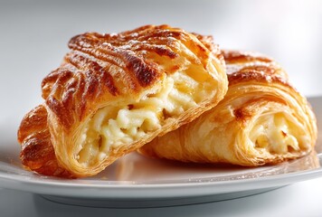 Golden flaky pastry filled with creamy cheese, perfect for breakfast or snacks, showcasing rich texture and tempting aroma in a professional setting